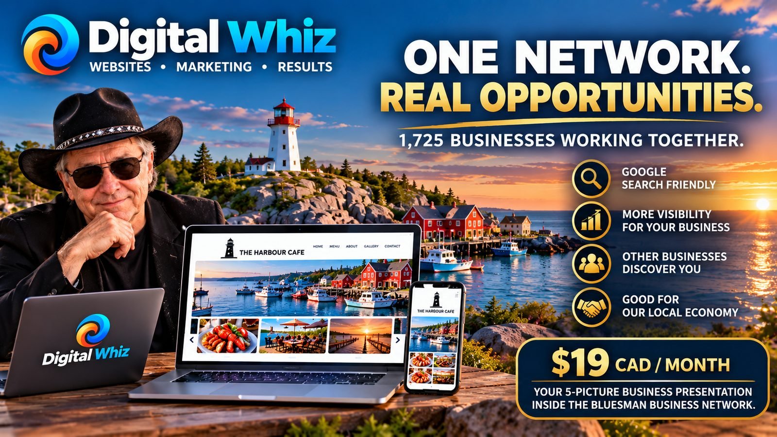 Digital Whiz: One network, real opportunities. 1,725 businesses working together. $19 CAD per month for your 5-picture business presentation inside the Bluesman Business Network.
