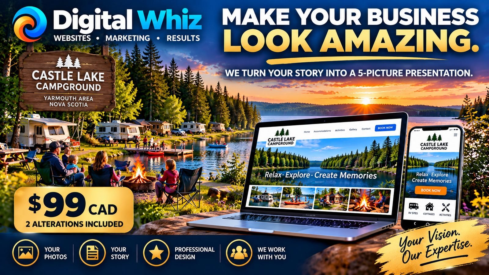 Digital Whiz: Make your business look amazing. We turn your story into a 5-picture presentation. $99 CAD, 2 alterations included.