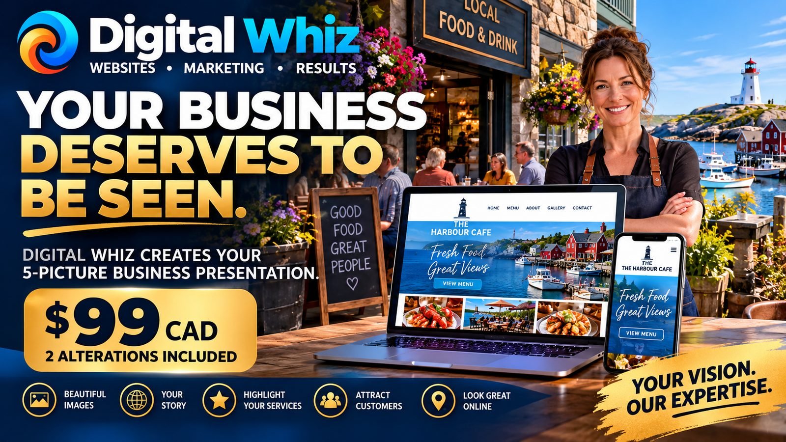 Digital Whiz: Your business deserves to be seen. We create your 5-picture business presentation. $99 CAD, 2 alterations included.